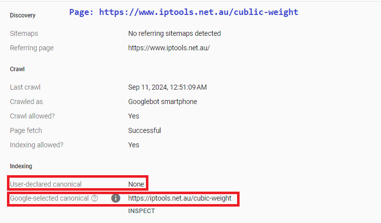 Picture showing Google Search console not detecting a user-declared canonical tag.