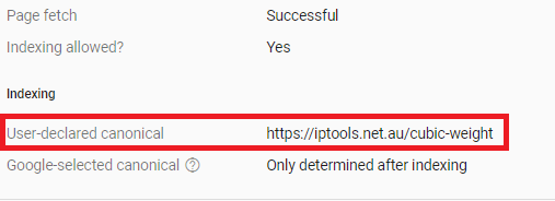 Screenshot of Google Search Console showing the detected 'user-declared canonical' for a page