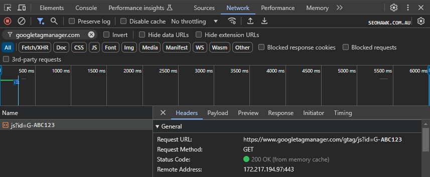 Network Tools within Web Browser to confirm google tag manager is working