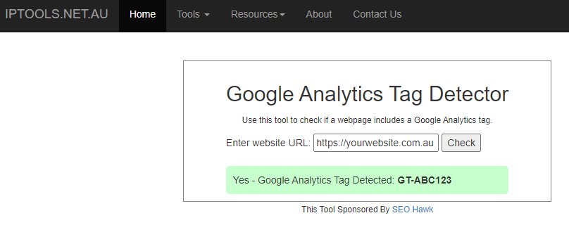 Screenshot of IPtools Google Analytics Tag Detector Tool