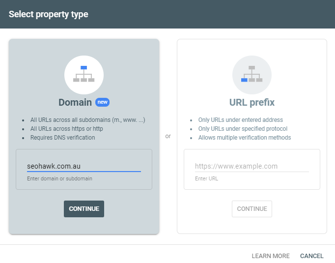 Google Search Console - Register a new domain page