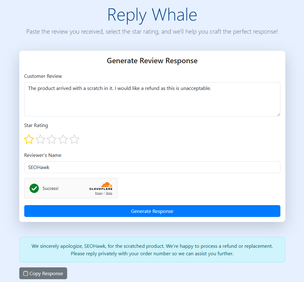 Reply Whale Tool generating a recommend reply to a customers bad experience